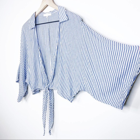 Olivaceous Lulus Blue White Striped Tie Front Plunging Neck Blouse Cover Up - Picture 2 of 7